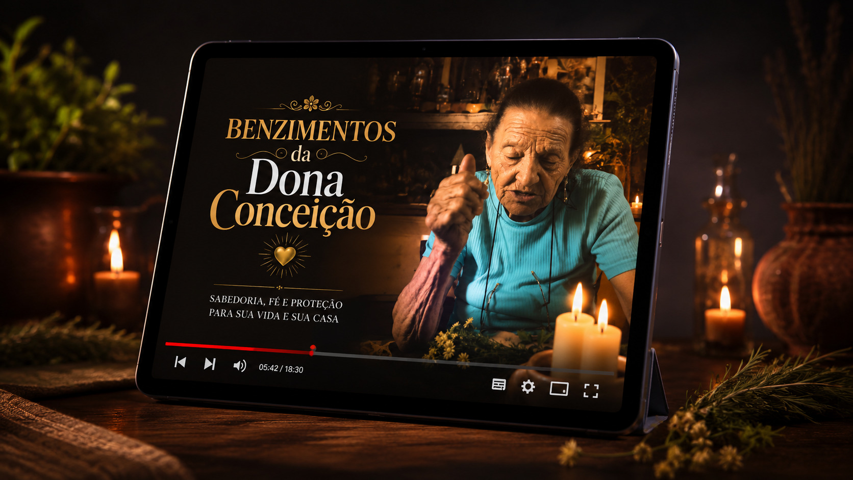 Tablet com vídeo de benzimento da Dona Conceição